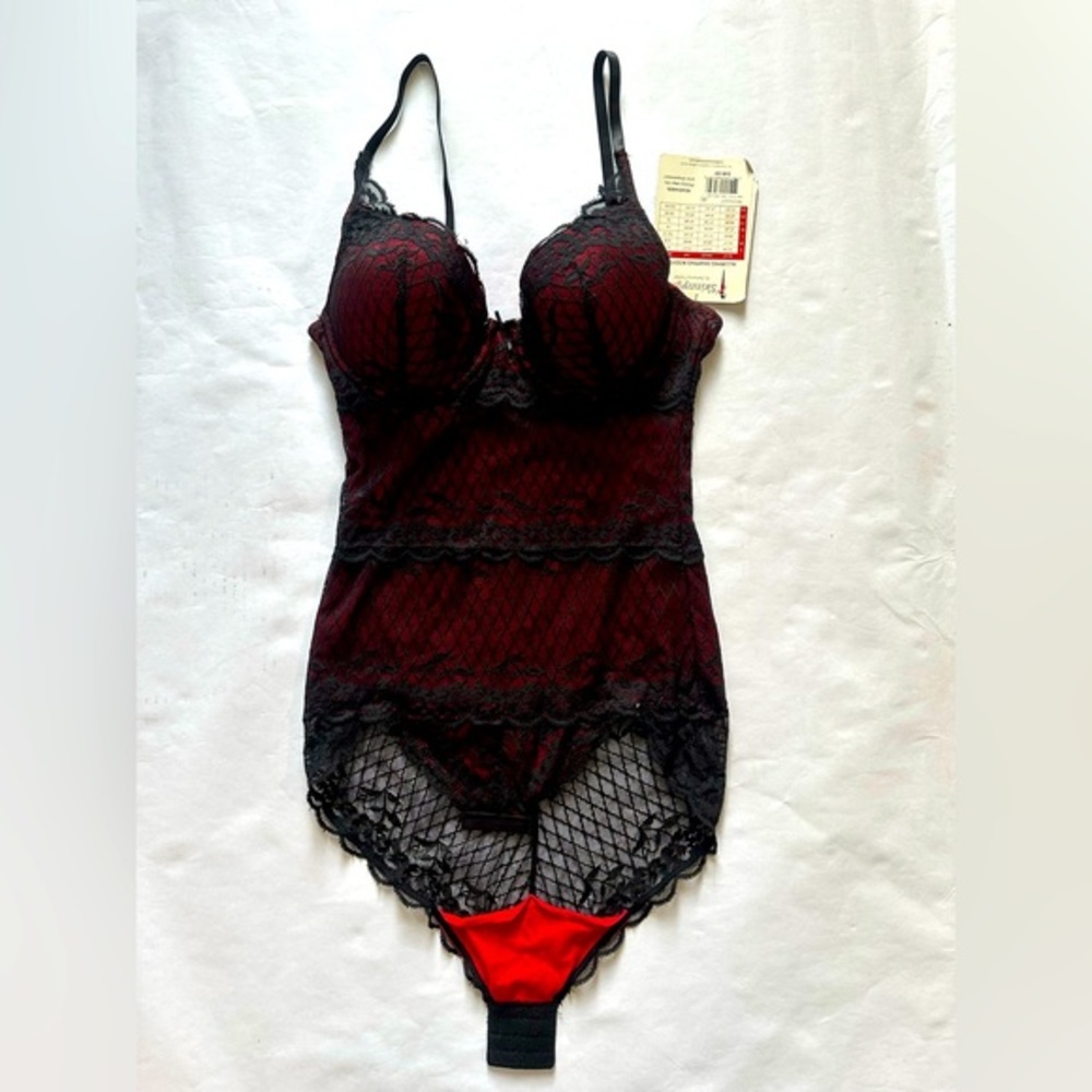 Skinnygirl Elegant Black and Red Lace Bodysuit